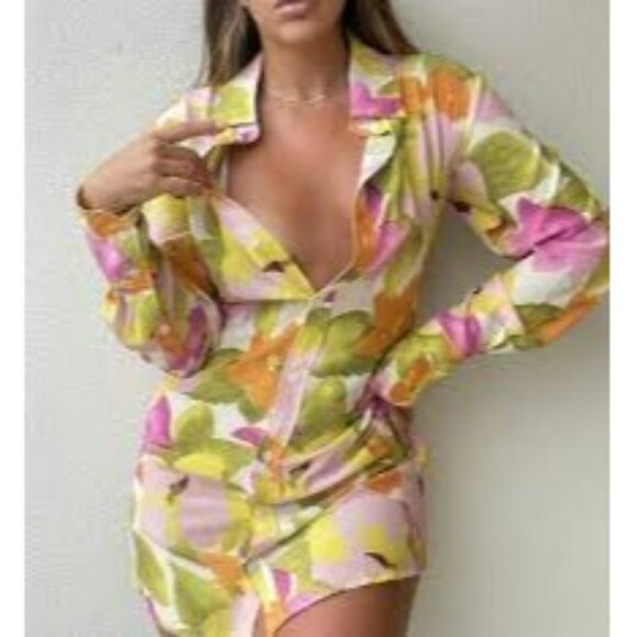 With Jean Pink Green Yellow Orange Floral Long Sleeve Button Front Collar Dress - Picture 1 of 16